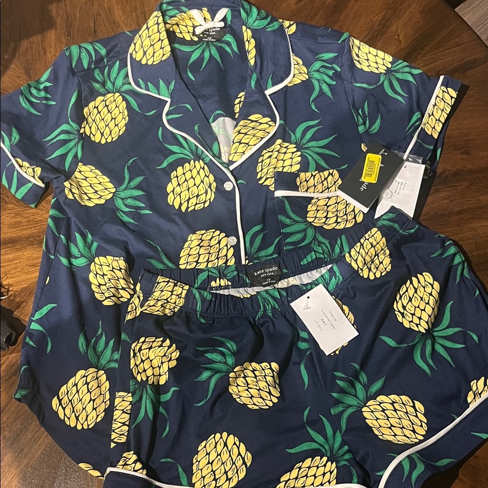 NWT Kate Spade Navy Pajama Set with Yellow Pineapple Print
